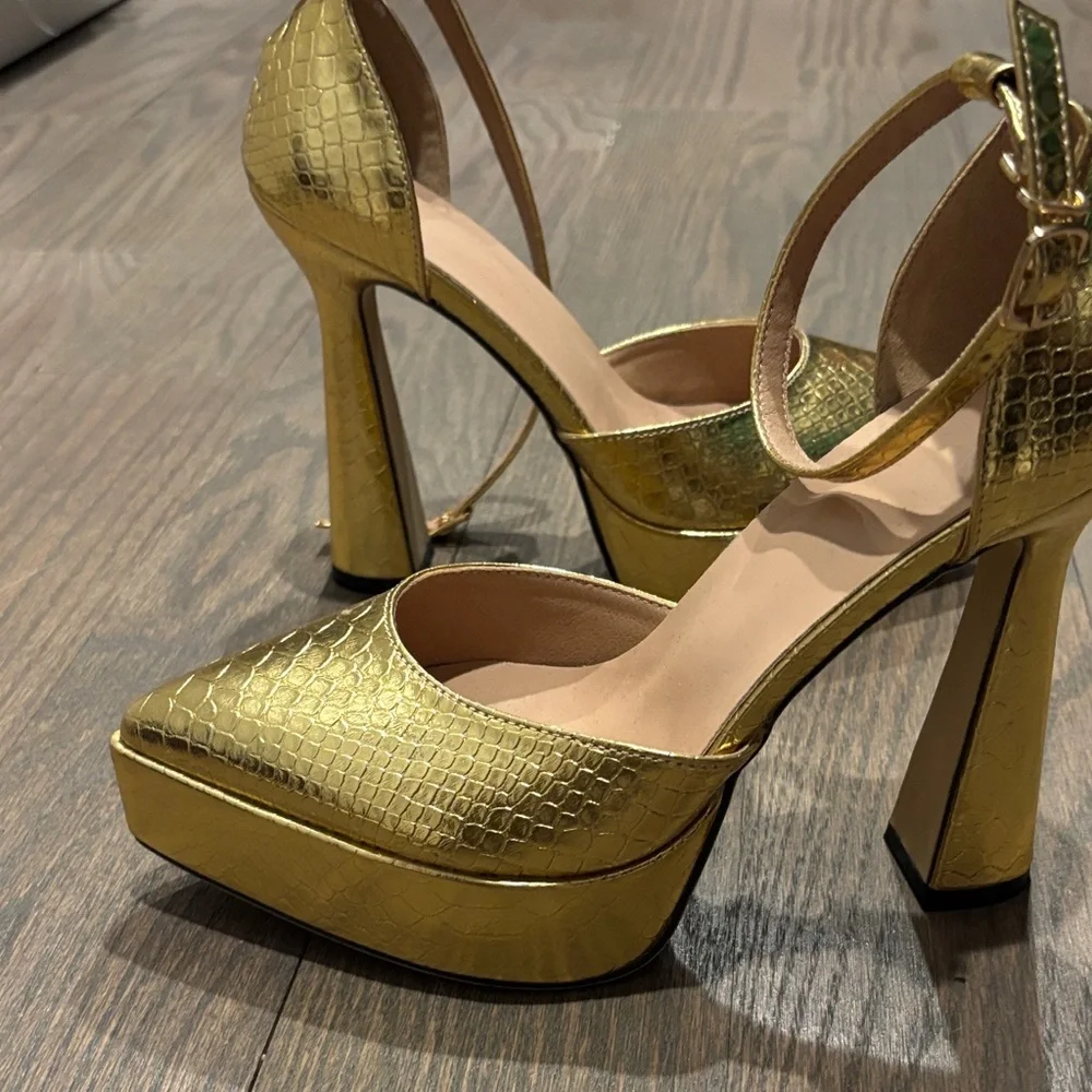 Metallic Gold Platform Ankle-Strap Heels - Picture 1 of 3